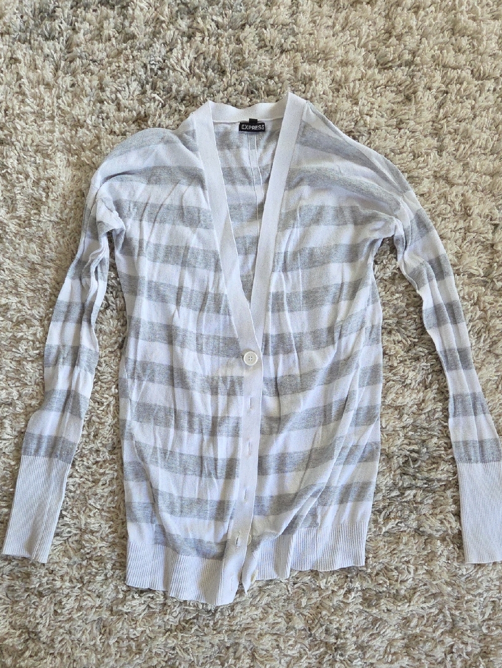 Express White & Light Gray Striped Button-Front Cardigan